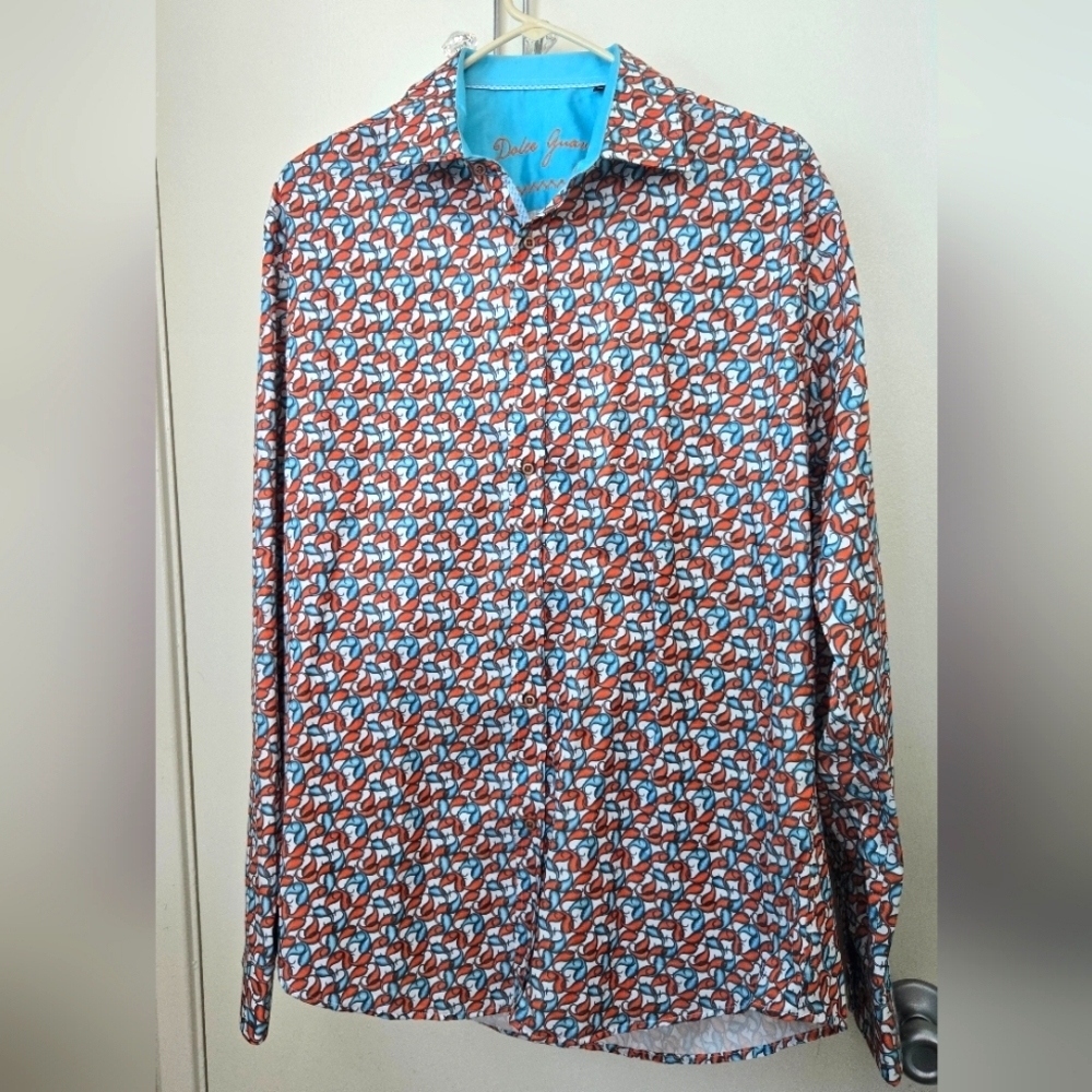 Dolce Guava Ecclectic Swirls Button Down Semi-Fitted Shirt Blue Orange Mens XL